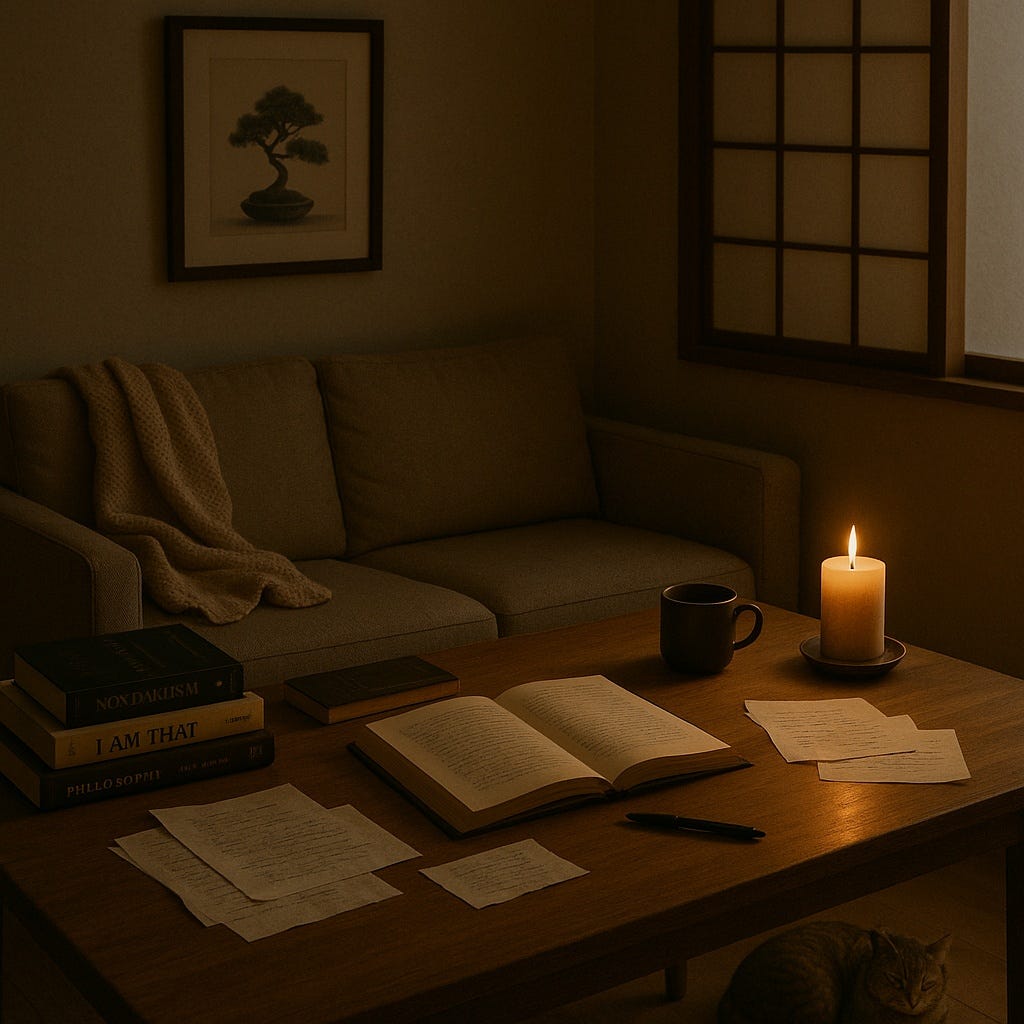 A quiet living room with a beige couch, candle-lit wooden table, scattered handwritten notes, philosophy books, and a sleeping cat beneath. The atmosphere is calm and reflective, evoking quiet creativity.
