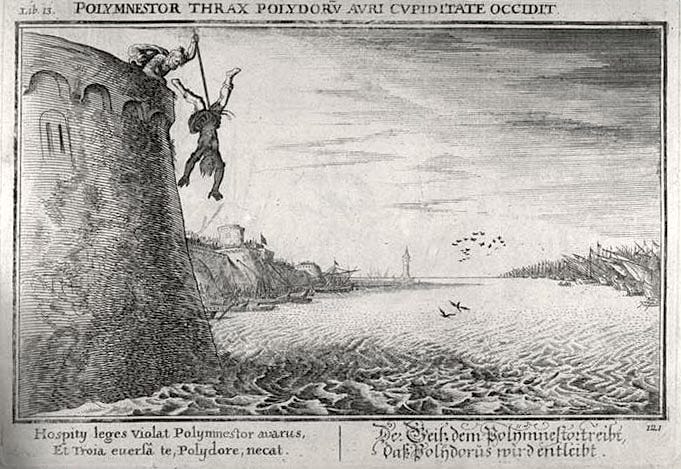 An engraving showing a man at the top of a tower (or wall) who has just thrust another man off the tower. The second man is falling head-downward toward a large body of water.