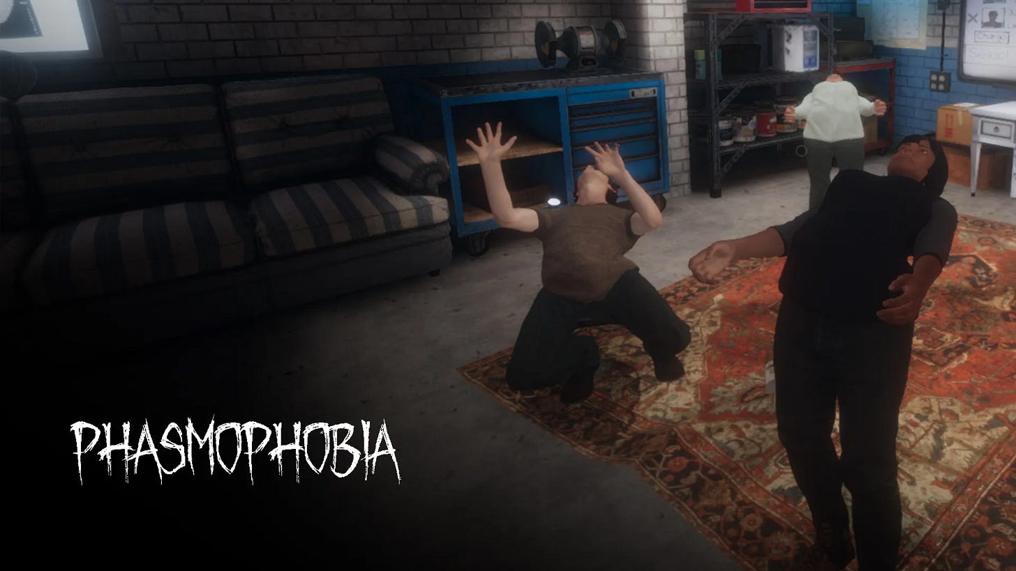 Screenshot of the game phasmophobia of people in weird poses.