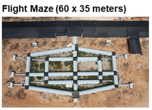Outdoor drone view of a flight maze 60x35 m