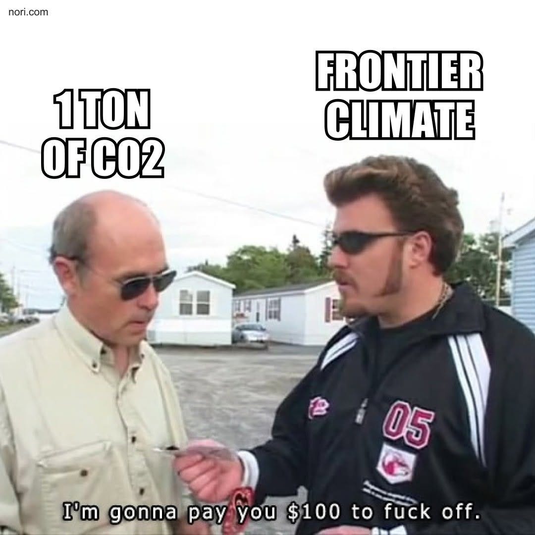 Trailer Park Boys still. Mr Lahey, labelled "1 tonne of CO2", and Randy, labelled "Frontier Climate", who says "I'm gonna pay you $100 to fuck off."