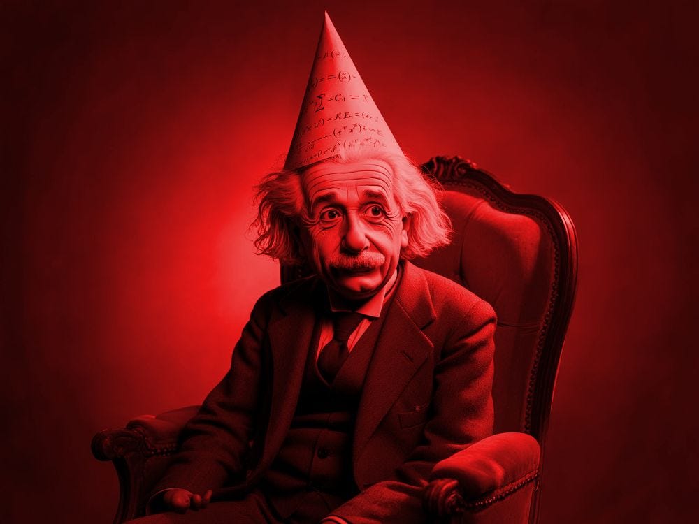 Albert Einstein wearing a dunce hat