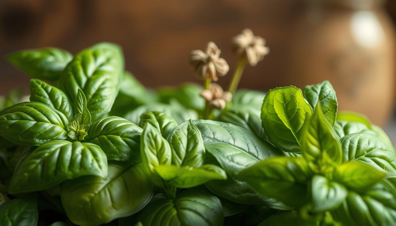 A vibrant, close-up portrait of freshly harvested basil leaves.