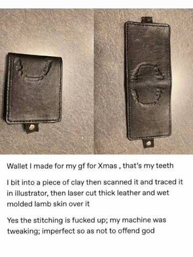 lovers wallet” by ramona beattie, made for her significant other as a  christmas gift with an imprint of her teeth on the leather she bit into a  piece of clay then scanned