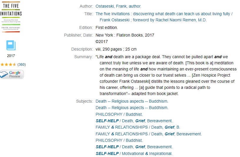 Screencap of catalog record for Ostaseskis' "The Five Invitations"