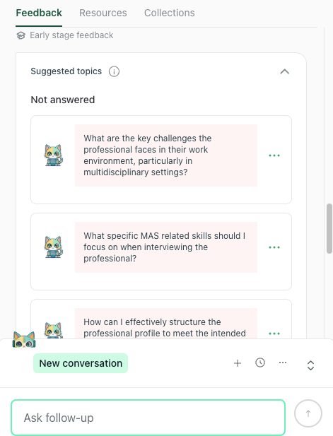 thesify feedback showing unanswered topics that prompt the writer to define key challenges and specific skills in a professional work environment.