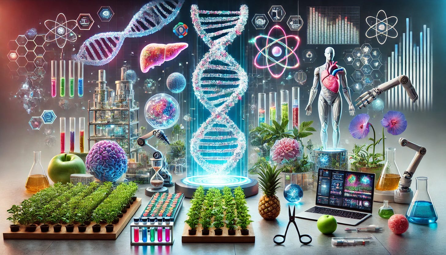 A visually striking collage showcasing cutting-edge biotechnology innovations. The collage features a mix of futuristic technologies such as a glowing DNA helix representing gene editing, 3D-printed organs in vibrant colors, lab-on-a-chip devices with intricate microfluidic channels, advanced robotic arms performing precise surgeries, a lush vertical farming structure with hydroponics, and AI-powered medical diagnostics displayed on futuristic holographic screens. The background is a high-tech laboratory with soft, ambient lighting and a clean, modern aesthetic. The composition emphasizes innovation, precision, and the intersection of biology and technology.