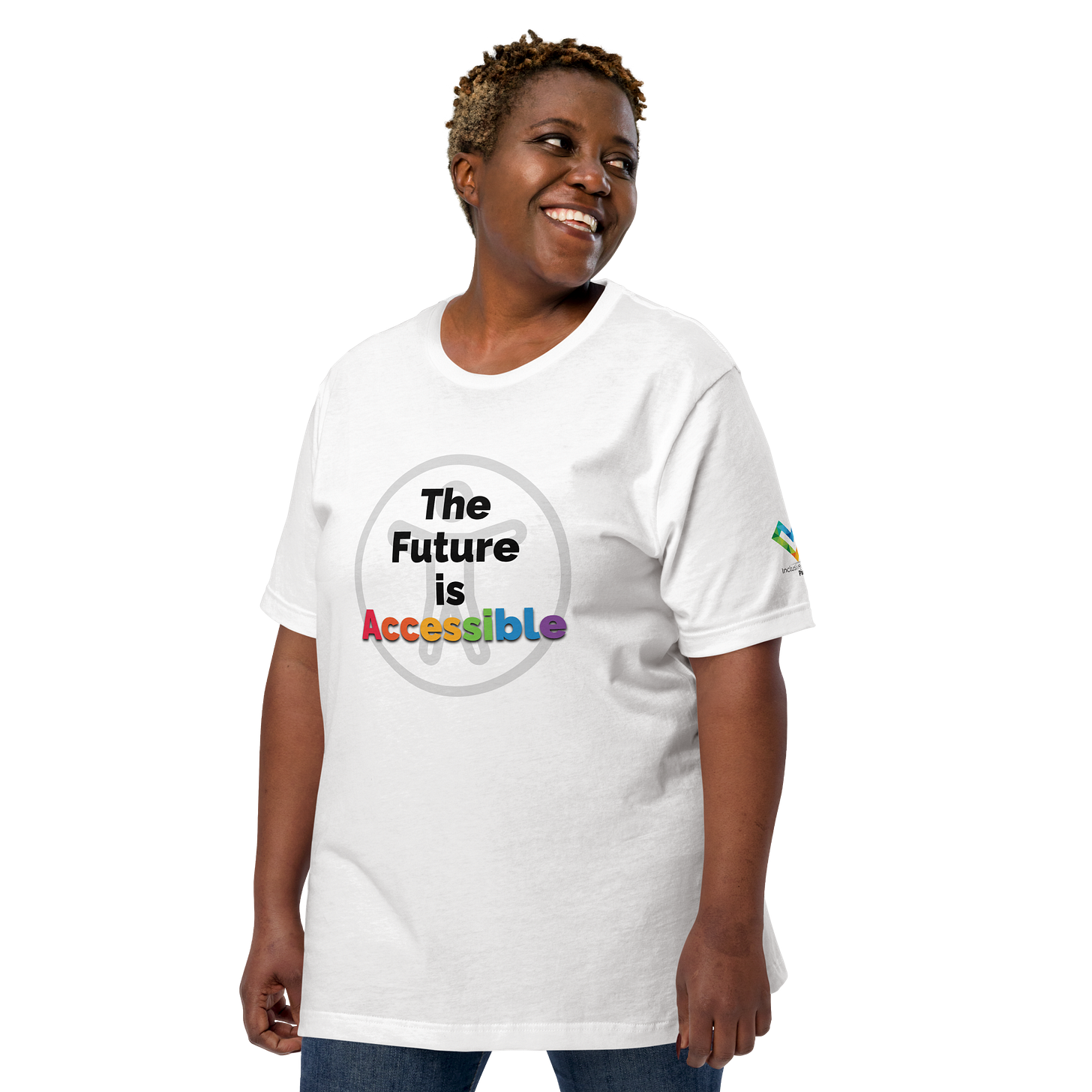 A plus-sized black nonbinary person wears a white tshirt with the A11yShop design "The Future is Accessible"