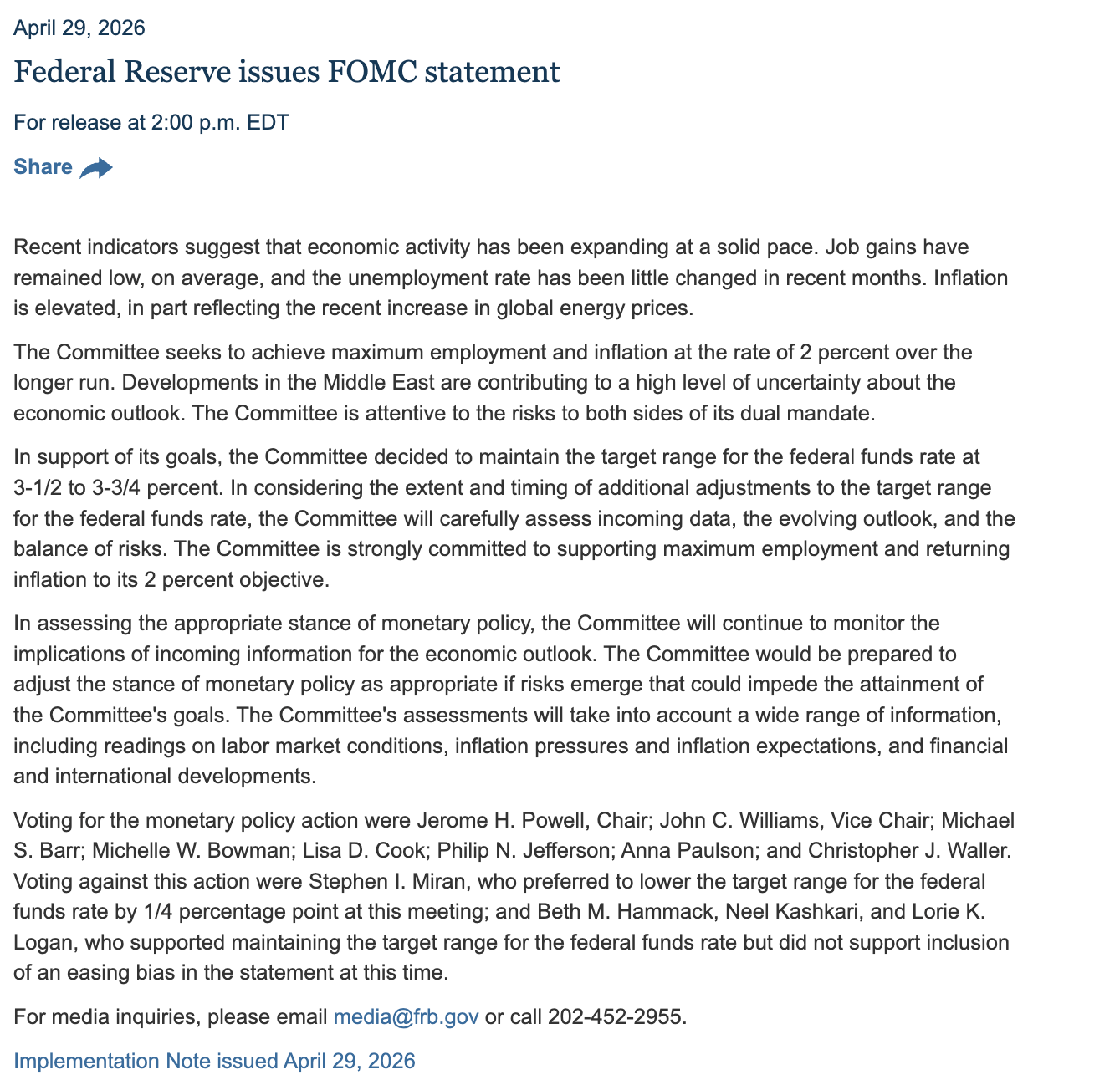 Federal Reserve FOMC statement from April 29 2026 announcing interest rate decisions