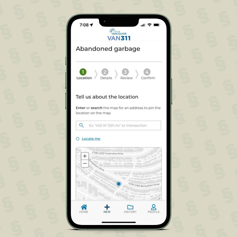 Three screenshots of Vancouver's 3-1-1 iOS Mobile App