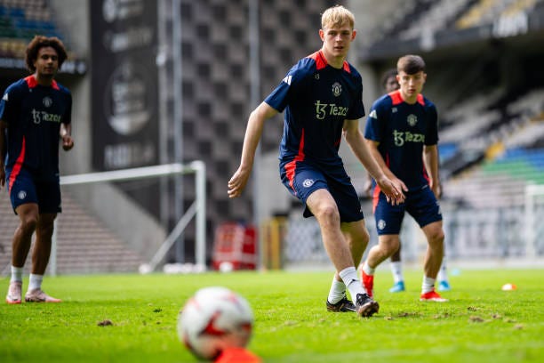Toby Collyer of Manchester United in action during a Manchester United Training Session at Estadio do Bessa on October 4, 2024 in Porto, Portugal.