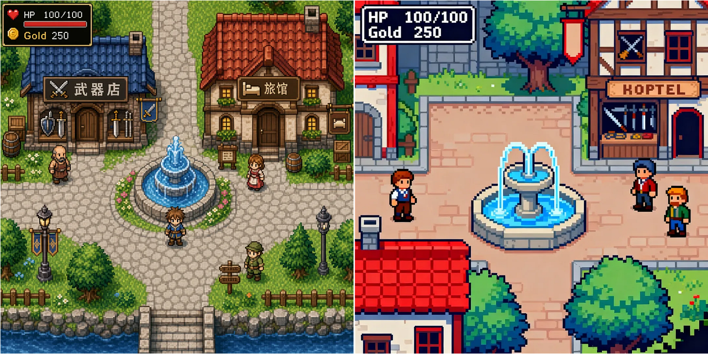 Prompt Example: Generate a 2D pixel-style RPG town scene screenshot: including a fountain, weapon shop, inn, and three NPCs; the pixel style should be consistent and highly readable; the upper left corner of the screen should have a simple UI: HP 100/100, Gold 250 (the text must be clear). Prompt Example: Generate a 2D pixel-style RPG town scene screenshot: including a fountain, weapon shop, inn, and three NPCs; the pixel style should be consistent and highly readable; the upper left corner of the screen should have a simple UI: HP 100/100, Gold 250 (the text must be clear).