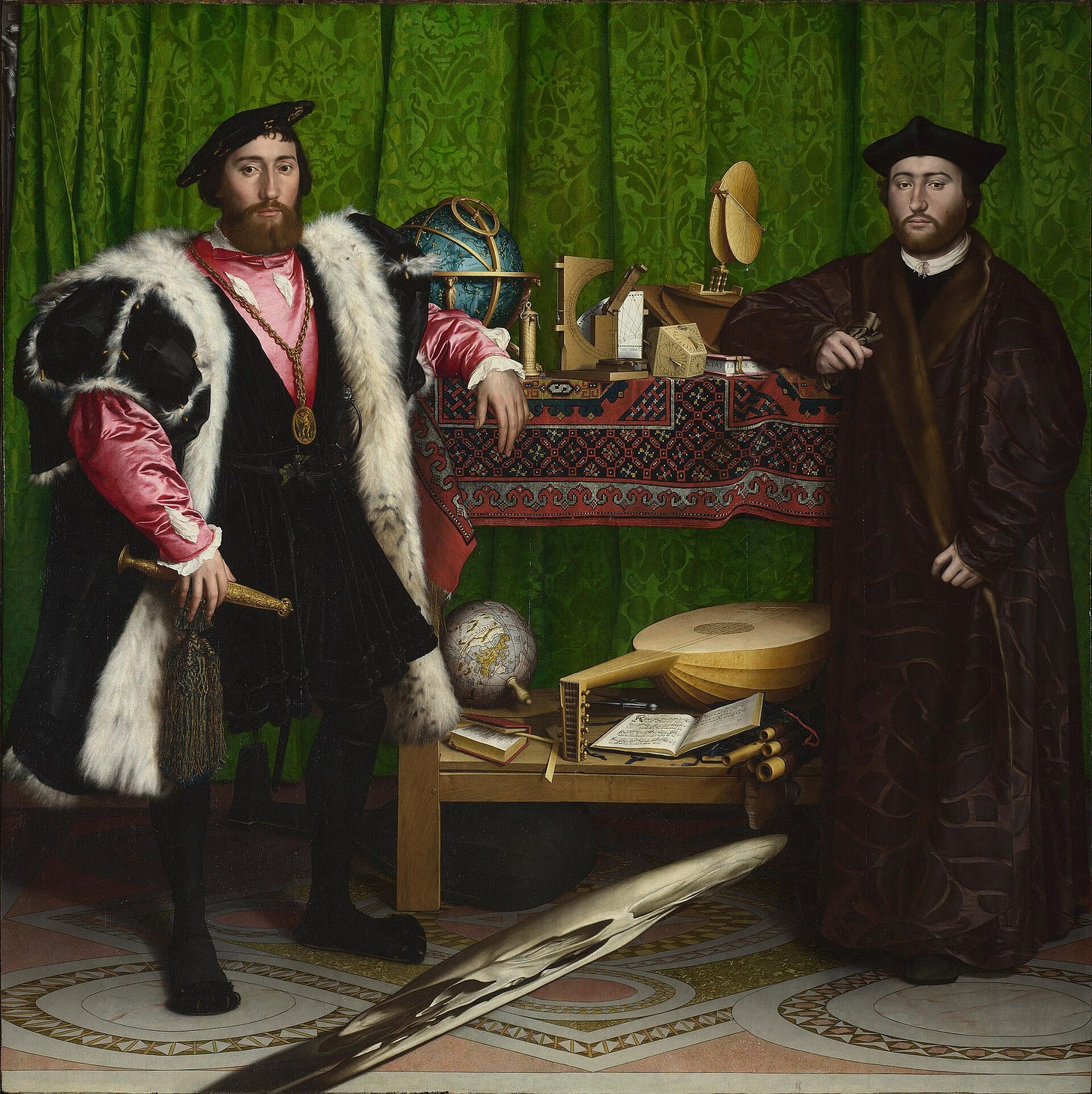 The Ambassadors by Hans Holbein the Younger: two men flank a shelf of globes and instruments, a distorted skull at their feet The Ambassadors by Hans Holbein the Younger: two men flank a shelf of globes and instruments, a distorted skull at their feet