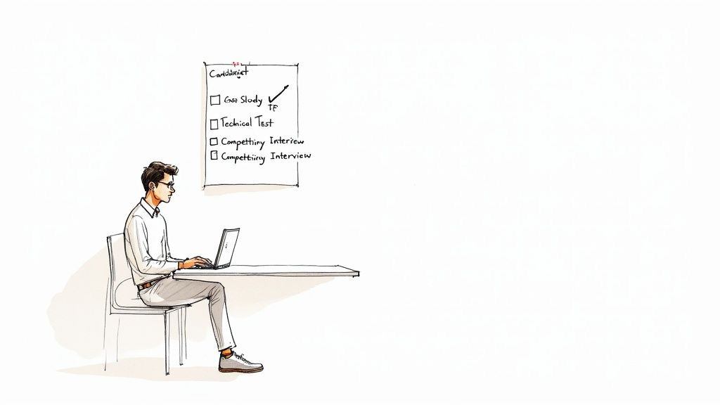 A man on a laptop reviews a job application checklist with 'Case Study' checked.