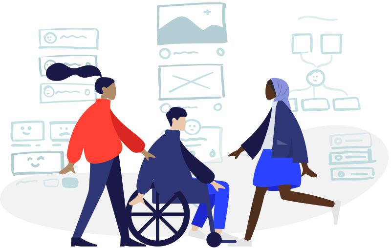 An illustration of three people at work, with illustrations of sketches and charts behind them An illustration of three people at work, with illustrations of sketches and charts behind them