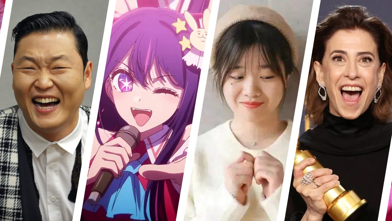 Imagem contendo a foto do rapper Psy, a personagem Ai Hoshino do desenho Oshi no Ko, uma foto de Luo Fuli e uma foto de Fernanda Torres