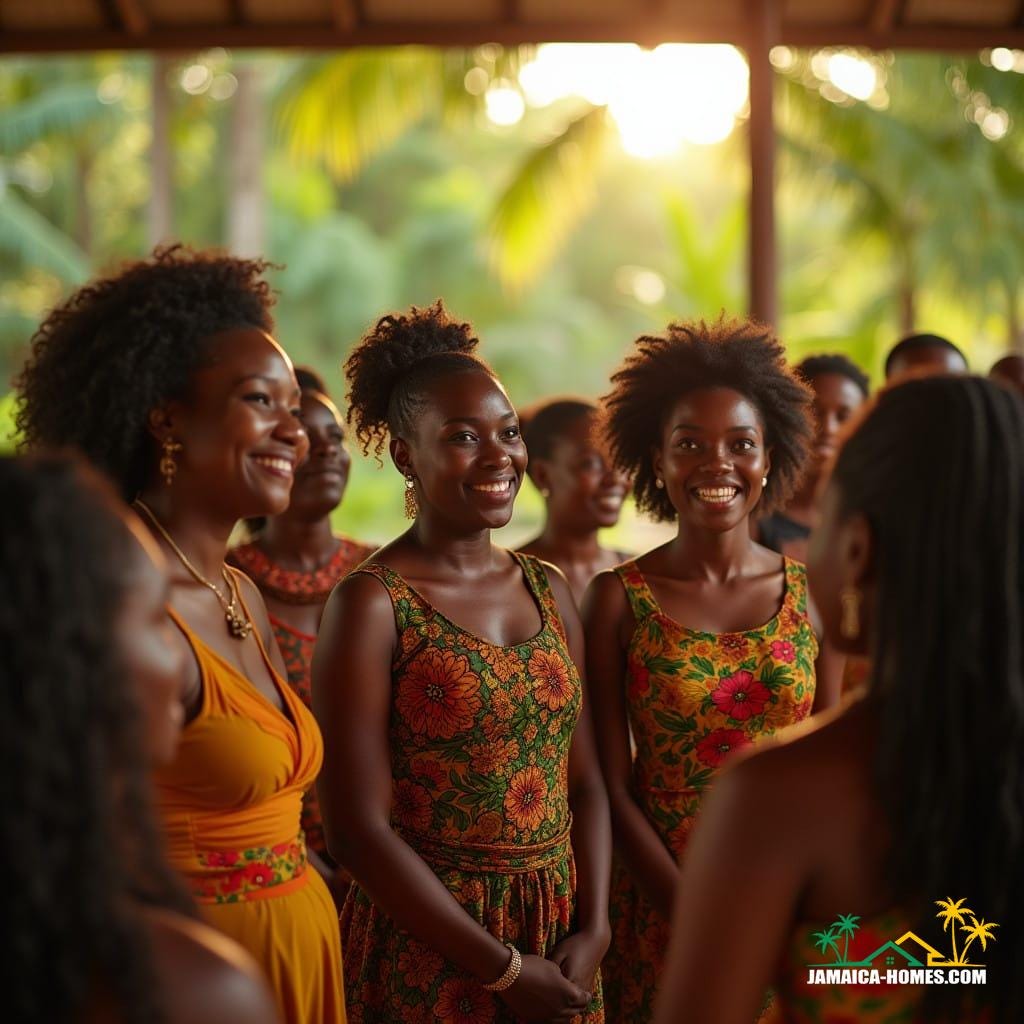 Vibrant Jamaican community trust members gathered in a stunning, newly-built community hall, surrounded by lush Caribbean greenery, warm sunlight casting a golden glow on their smiling faces, clad in vibrant traditional clothing, as they excitedly discuss the hall's future, captured in a breathtaking cinematic film still, shot on a V-Raptor XL, with a subtle film grain, soft vignette, and meticulously color graded to evoke a sense of warmth and energy, post-processed to perfection, with dramatic, cinematic lighting reminiscent of 35mm film, in a live-action, high-quality masterpiece, exuding an atmospheric, epic feel, inspired by the works of cinematographers like Emmanuel Lubezki, Hoyte van Hoytema, and Rachel Morrison.