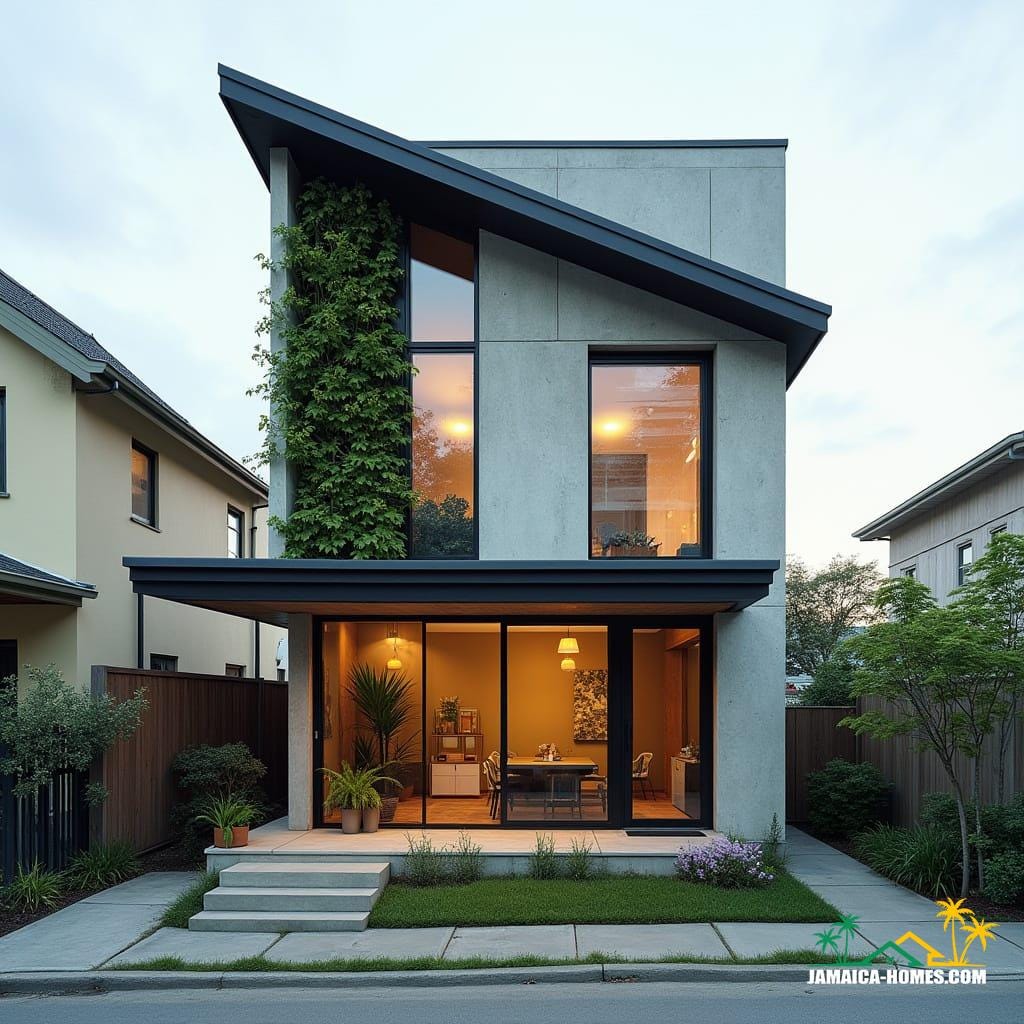 Compact Urban Modern Home Design: Single 20-ft concrete module with overlapping steel porch, urban small-lot optimized. Materials: Concrete, steel, glass, wood accents.