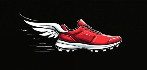 Red running shoe with white wings flies fast across black background. Concept for speed, athletics, winning and race. Sport symbol of motion and power.
