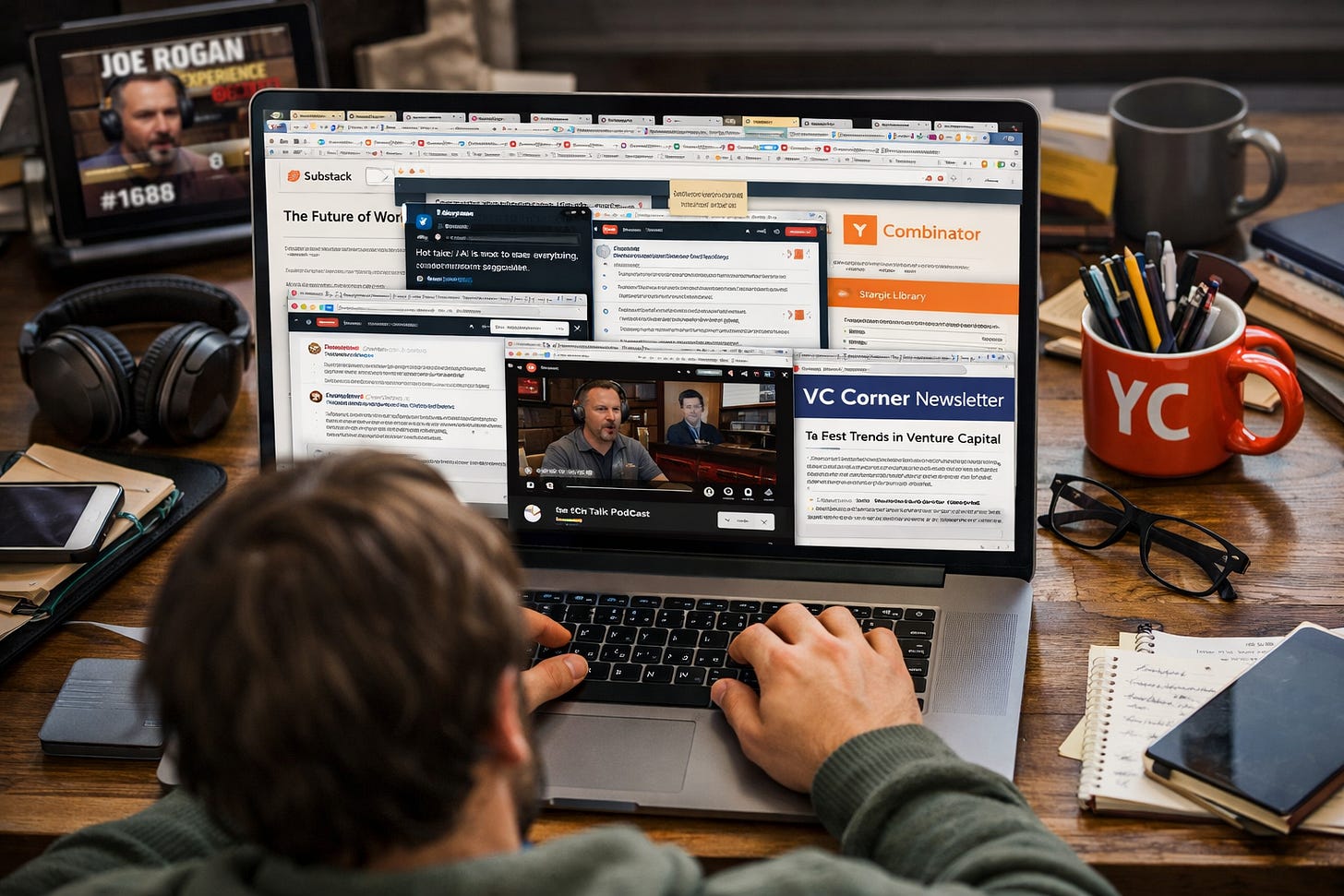 Founder working on laptop with dozens of open tabs including Substack essays, X posts, Reddit threads, YouTube videos, and startup resources. Founder working on laptop with dozens of open tabs including Substack essays, X posts, Reddit threads, YouTube videos, and startup resources.