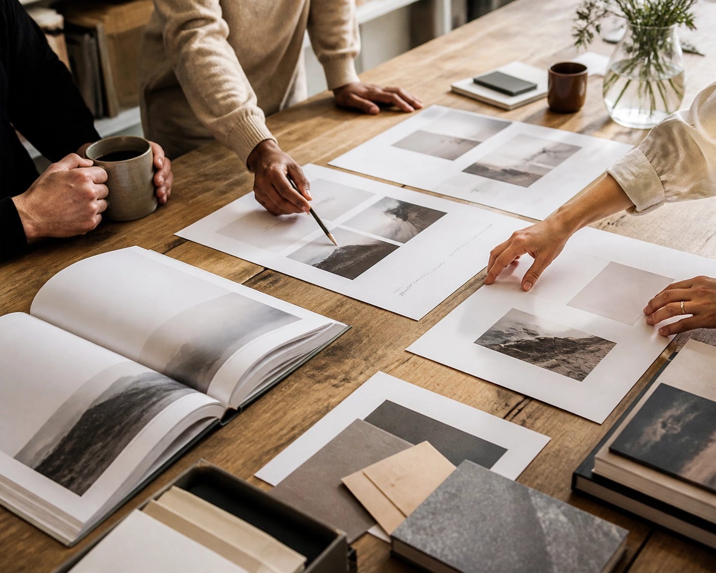 A diverse team reviewing layout proofs for the Strong CORE book during the copy editing and design phase.