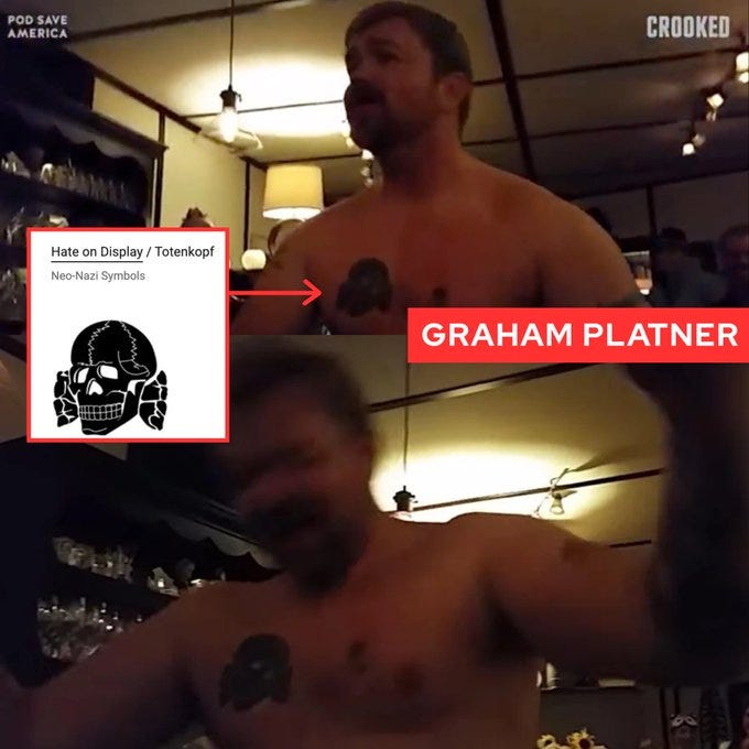 Shirtless man with muscular build stands in a room with warm lighting from lamps and wooden furniture, displaying a black tattoo of a swastika symbol on his chest pointed out by a red arrow labeled Neo Nazi Symbol, another inset image shows the same swastika tattoo close-up labeled Hate Symbol, text overlay identifies Graham Platner, POD SAVE AMERICA watermark visible in corner