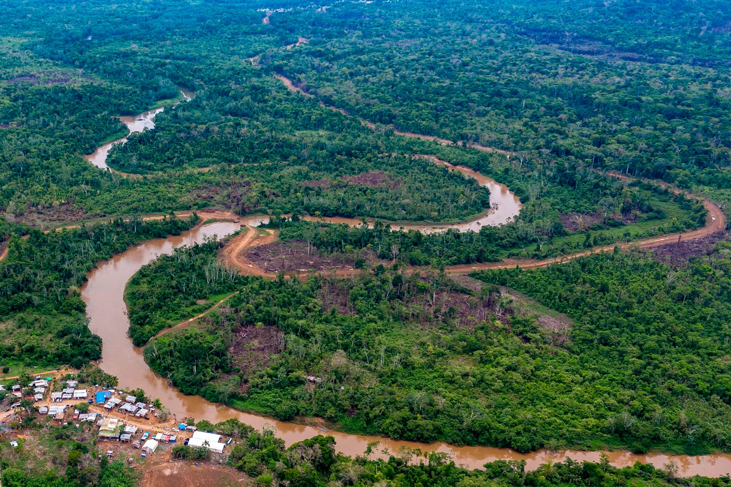 View of the Chucunaque River snaking through the forest with in the bottom left of the image the La Penita village.