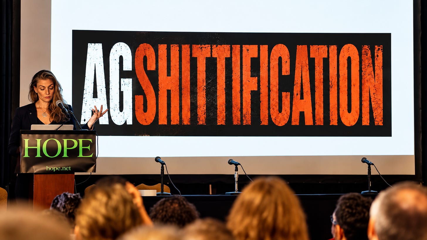 P.K. Newby speaking at a podium in front of a large screen displaying the word AGSHITTIFICATION in giant orange letters, with an audience in the foreground.