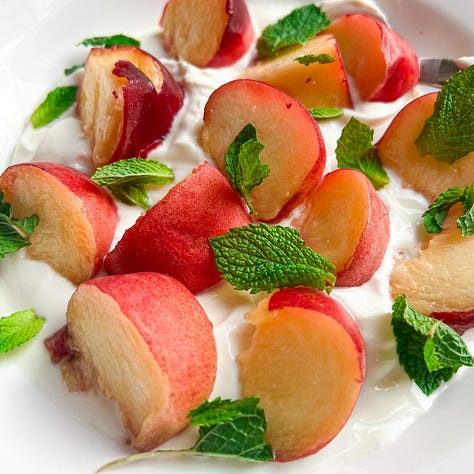 Peaches in yoghurt with mint, yoghurt mint, pomegranates, prosciutto necatarine salad, broccoli salad, tomato salad with burrata, heirloom tomatoes