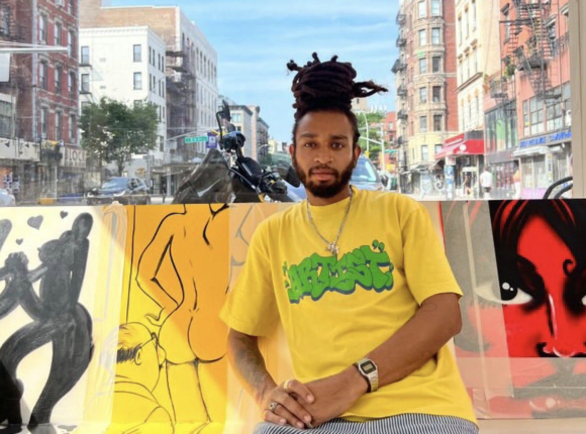 DJ Smurfo in a yellow tee on a New York street, his graffiti characters collaged around him.
