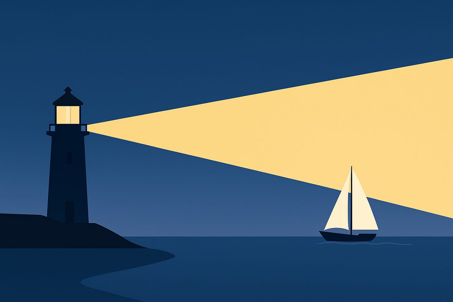 Minimalist illustration of a lighthouse casting a wide beam across the ocean as a sailboat sails forward, symbolizing HR guiding leadership. Minimalist illustration of a lighthouse casting a wide beam across the ocean as a sailboat sails forward, symbolizing HR guiding leadership.