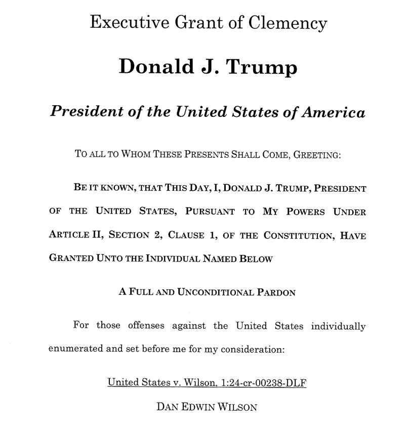 Official document titled Executive Grant of Clemency with seal of the United States, detailing President Donald J. Trumps full and unconditional pardon for Dan Edwin Wilson for offenses in United States v Wilson case number 1:24-cr-00238-DLF. Accompanying photo shows crowd gathered at the U.S. Capitol building on January 6 with numerous American flags, Trump flags, and participants wearing red hats and dark clothing holding flags.