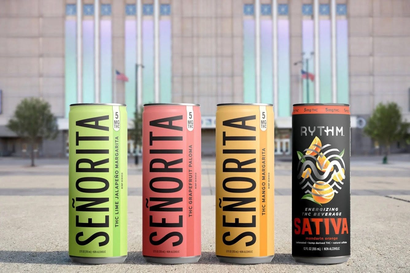Three Seniorita canned THC drinks and one from Rhythm in front of the United Center.