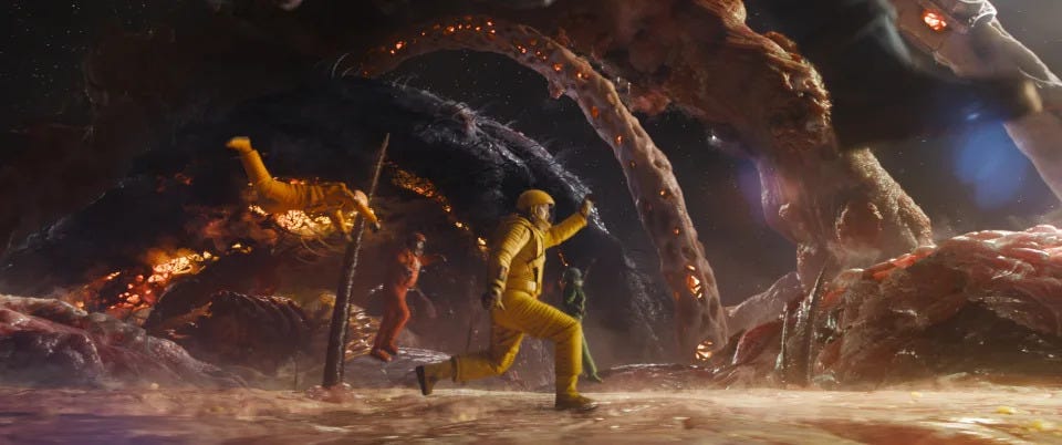 Pom Klementieff as Mantis, Dave Bautista as Drax, and Chris Pratt as Peter Quill/Star-Lord, and Karen Gillan as Nebula in Marvel Studios&#39; Guardians of the Galaxy Vol. 3. Photo courtesy of Marvel Studios. &#xa9; 2023 MARVEL.