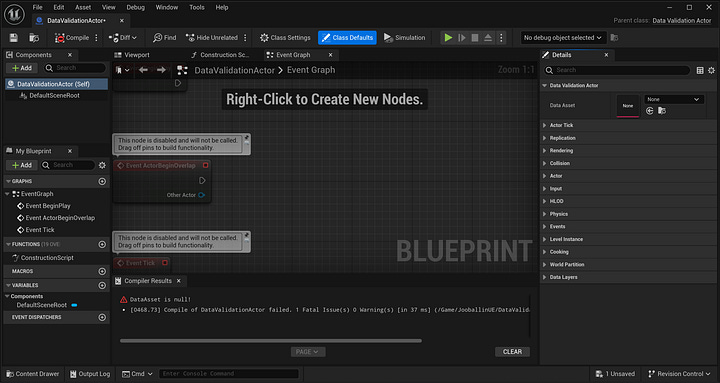 From Top Left going Clockwise: Compiling a Blueprint Result, Saving a Blueprint Result, How to run Data Validation on an Asset(s), and Data Validation Results