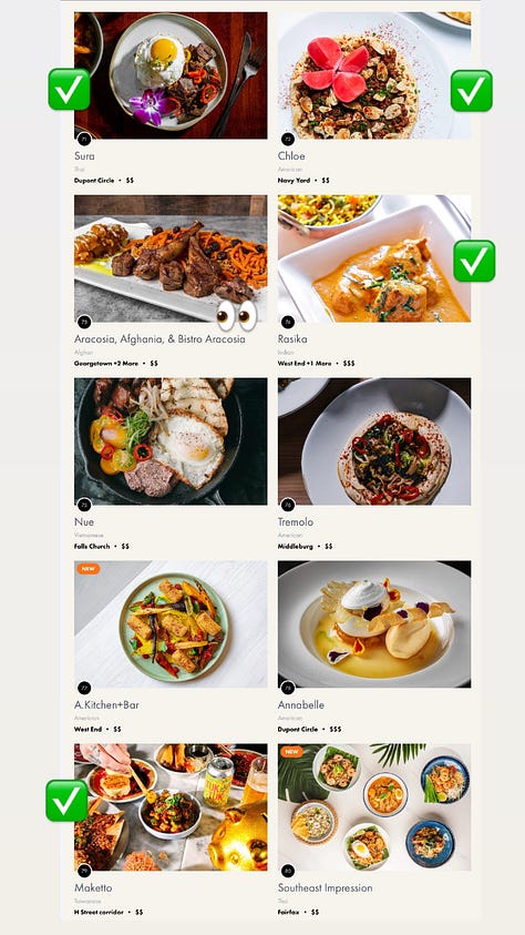 screenshots of the Best Restaurant list contenders with emoji comments