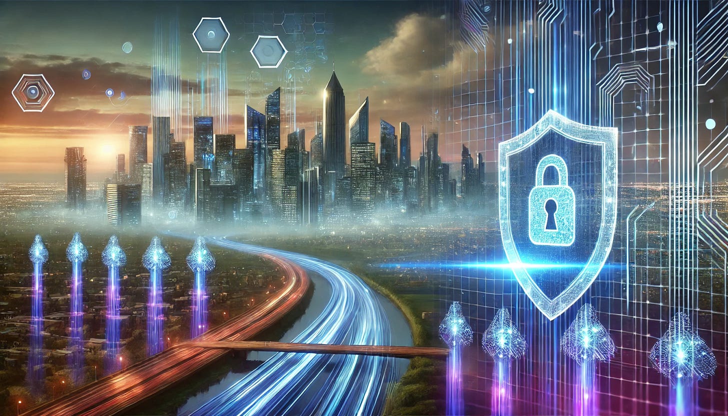 A futuristic landscape representing the future of AI security, featuring a skyline with a mix of sleek, advanced skyscrapers and technology-inspired elements. In the foreground, a digital shield or glowing firewall barrier represents security. Flowing data streams in blue and purple tones weave through the scene like rivers or paths, symbolizing data protection and connectivity. The sky transitions from a cool, dawn-like gradient, with abstract tech designs subtly woven into the clouds, hinting at the seamless integration of AI and security in the future.