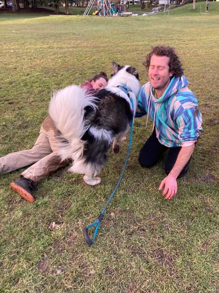 4 images of friends laughing and hugging at a birthday party