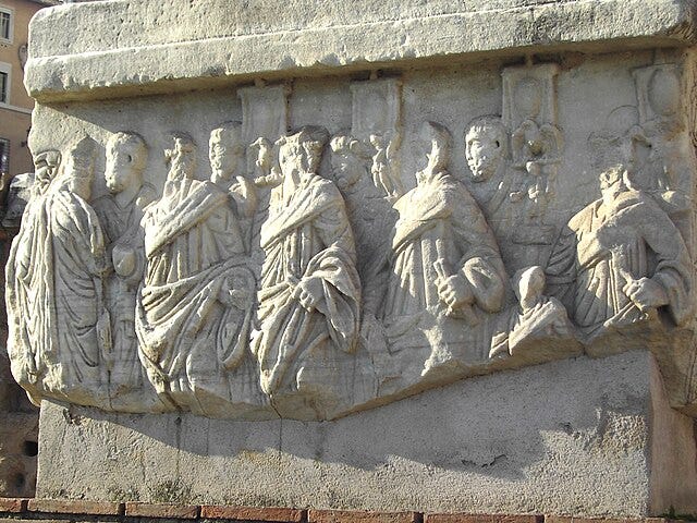 Roman senators convene in the Capitol, their urgent deliberations reflecting the intense political tensions and conspiracies surrounding Julius Caesar's rule.