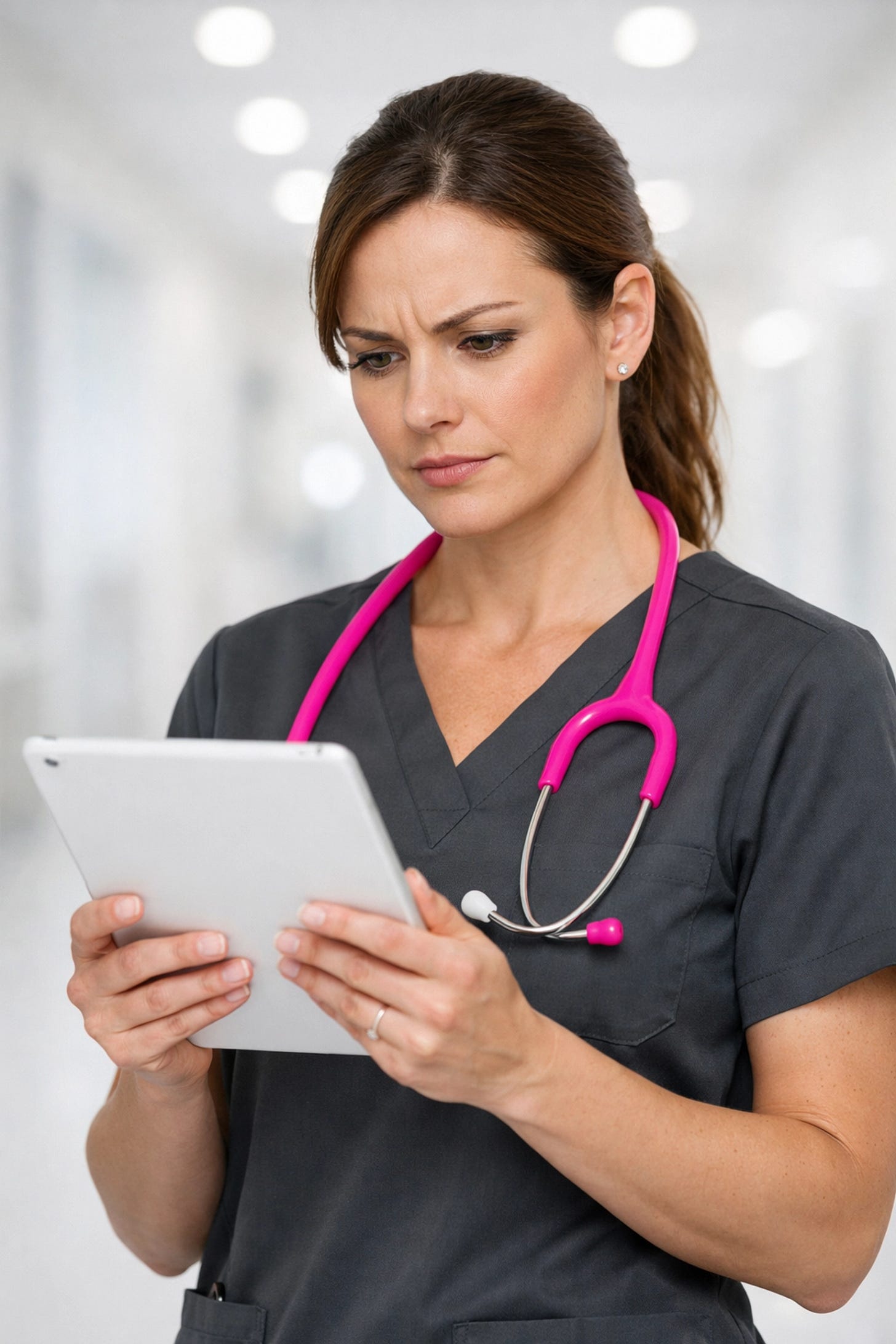 Professional nurse in grey scrubs analyzing job details on a tablet in a modern hospital. Professional nurse in grey scrubs analyzing job details on a tablet in a modern hospital.