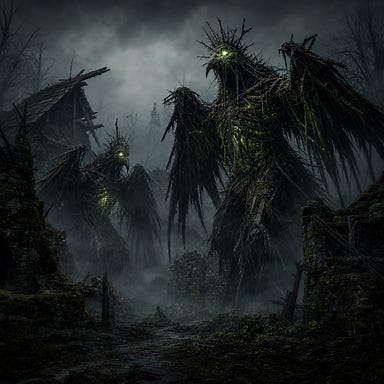 Two towering scarecrow-bird constructs in the ruined North Fork of Berez — twisted limbs of bone and straw, tar-slick feathers, glowing green eyes pulsing with curse-light, standing amid collapsed stone cottages and moss-choked walls, fog curling around their wings