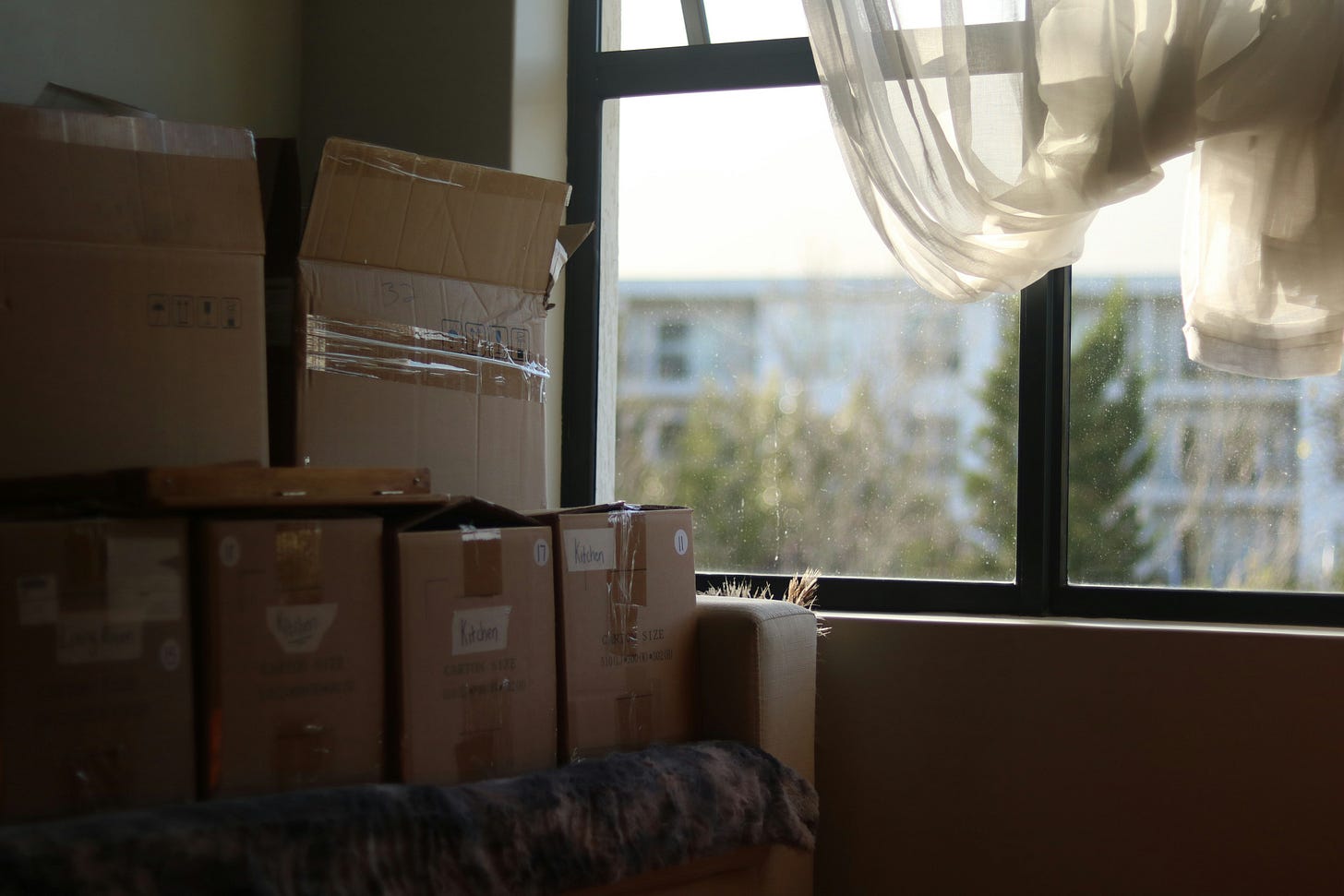 Moving boxes in an small living room sitting on a sofa. Living room window with soft lighting and curtain. Moving boxes in an small living room sitting on a sofa. Living room window with soft lighting and curtain.