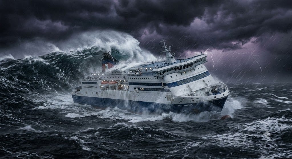 Ferry at sea in a storm - AI Gemini image generated Ferry at sea in a storm - AI Gemini image generated