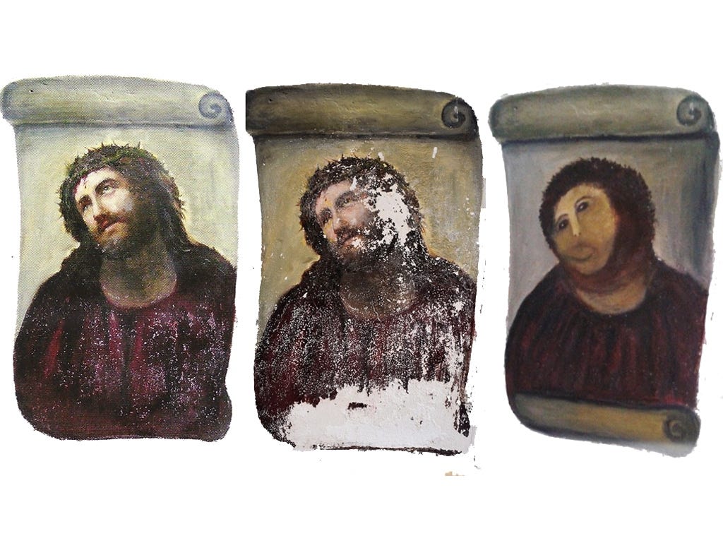 Side-by-side comparison of 1930's Elias Garcia Martinez's Ecce Homo, the apperance of it prior to "restoration" and the 2012 Cecilia Gimenez "restoration" dubbed "Potato Jesus." Side-by-side comparison of 1930's Elias Garcia Martinez's Ecce Homo, the apperance of it prior to "restoration" and the 2012 Cecilia Gimenez "restoration" dubbed "Potato Jesus."