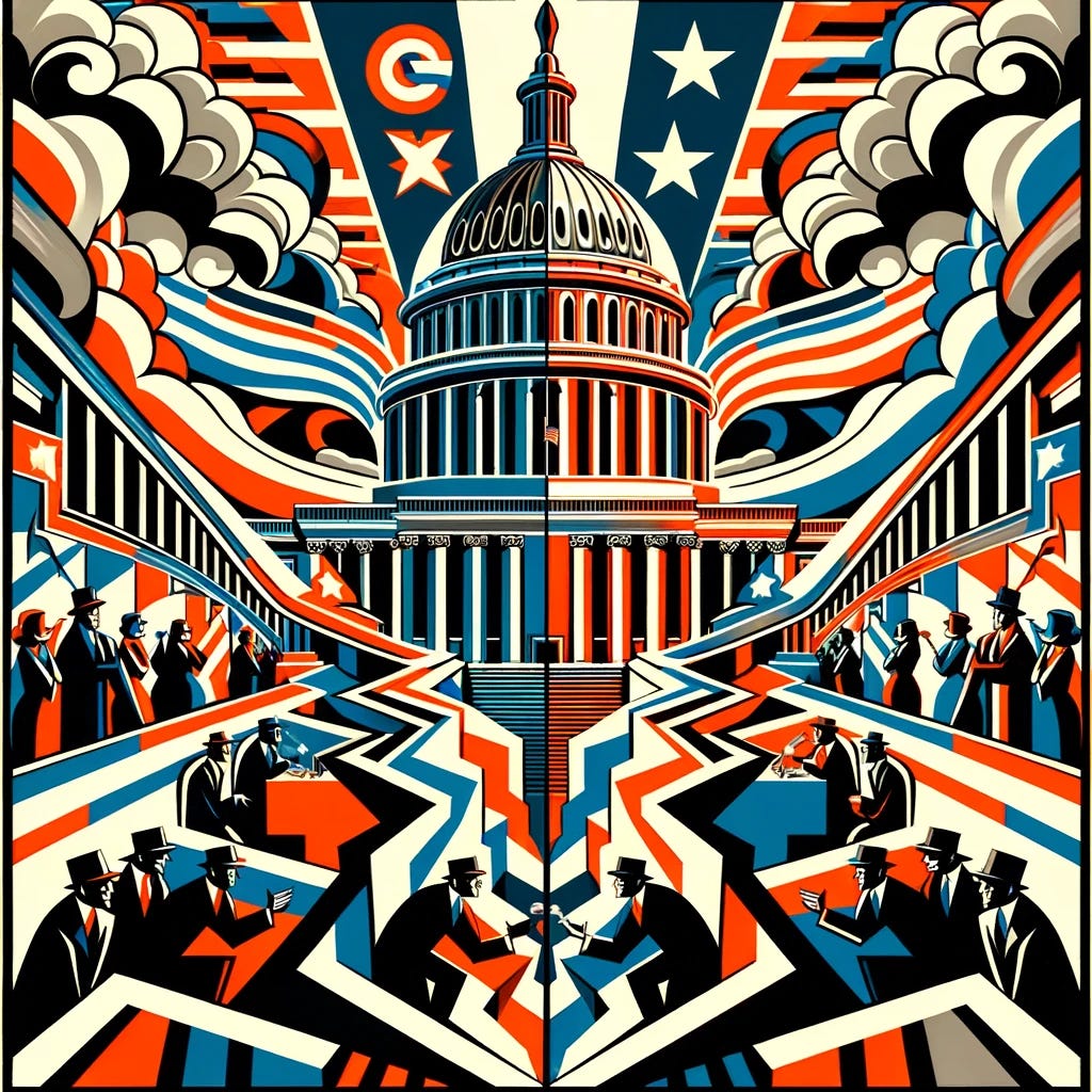 A 1930s Art Deco style illustration, resembling a comic book but without any text, focusing on the theme of partisan divisions in the United States. The artwork should prominently feature the Capitol Building to represent the political setting. The illustration should visually depict the deep divide within the Republican party, particularly between traditional conservatives and the ultra-conservative Freedom Caucus, using abstract, stylized elements and dramatic representations. The design must be dynamic, incorporating bold lines and exaggerated features typical of Art Deco, emphasizing the concept of internal political turmoil and division exclusively through visuals.