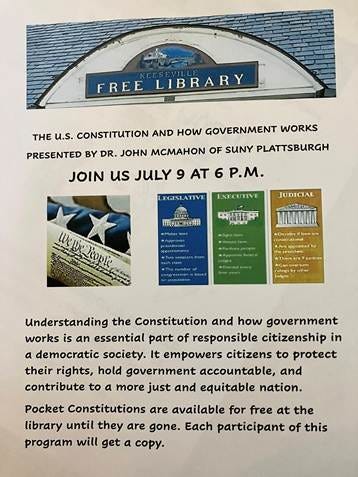 May be an image of ‎text that says '‎FREE LIBRARY E u.s. CONSTITUTION AND HOW GOVERNMENT WORKS PRESENTED BY DR. JOHN MMON OF SUNY PLATTSBURGH JOIN us JULY و AT 6 P.M. LEGISLATIVE EXECUTIVE JUDICIAL 鹿用 We نیس मभवाहत AMNgA Deodesi otter Faigm Understanding the Constitution and how government works is an essential part of responsible citizenship in a democratic society. It empowers citizens to protect their rights, hold government accountable, and contribute to a more just and equitable nation. Pocket Constitutions are available for free at the library until they are gone. Each participant of this program will get a copy.‎'‎