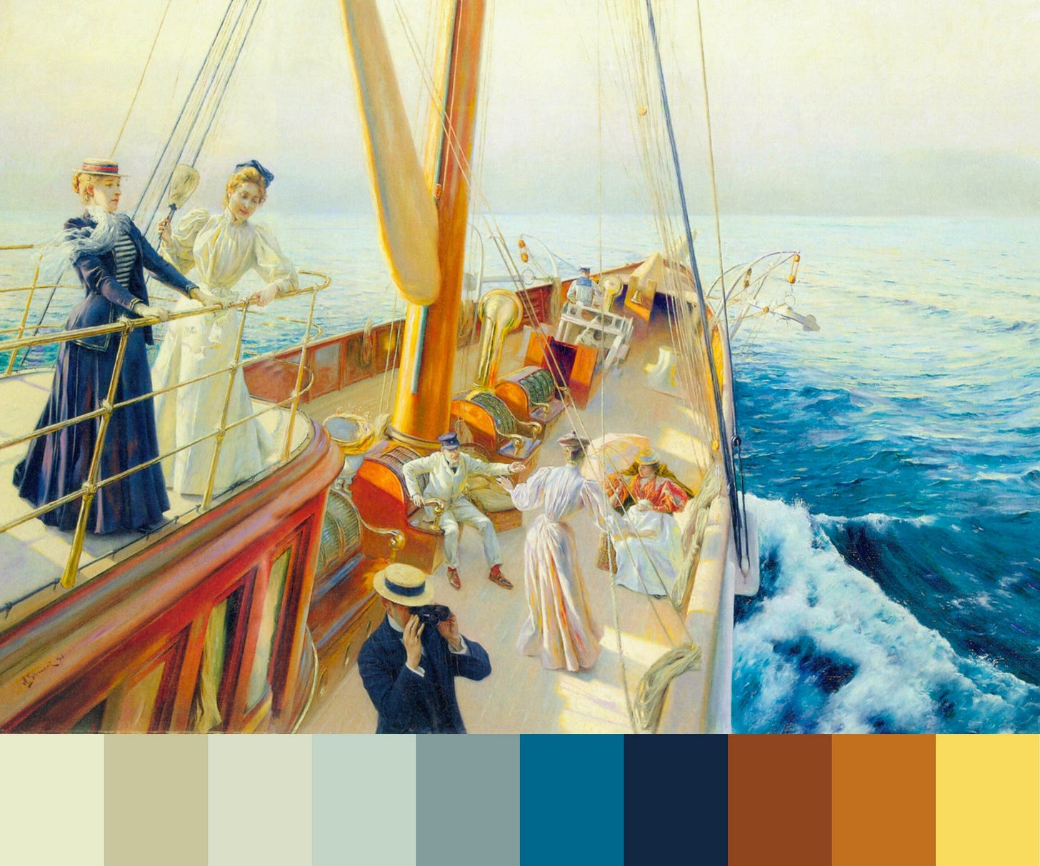 Julius LeBlanc Stewart’s “Yachting in the Mediterranean,” an artwork depicting fashionable men and women relaxing on the sun-drenched wooden deck of a yacht cutting through vibrant blue ocean waves. Framed for the Frescoed series, the scene is anchored below by a horizontal color strip displaying ten swatches that range from pale cream and soft sage to deep blue, rich navy, warm terracotta, and sunny yellow. Julius LeBlanc Stewart’s “Yachting in the Mediterranean,” an artwork depicting fashionable men and women relaxing on the sun-drenched wooden deck of a yacht cutting through vibrant blue ocean waves. Framed for the Frescoed series, the scene is anchored below by a horizontal color strip displaying ten swatches that range from pale cream and soft sage to deep blue, rich navy, warm terracotta, and sunny yellow.