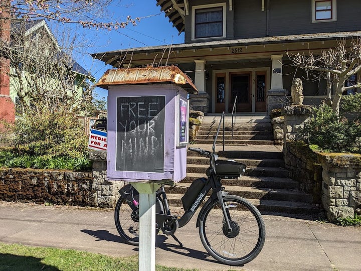 two Little Free Library photos, including a side that reads "FREE YOUR MIND!"