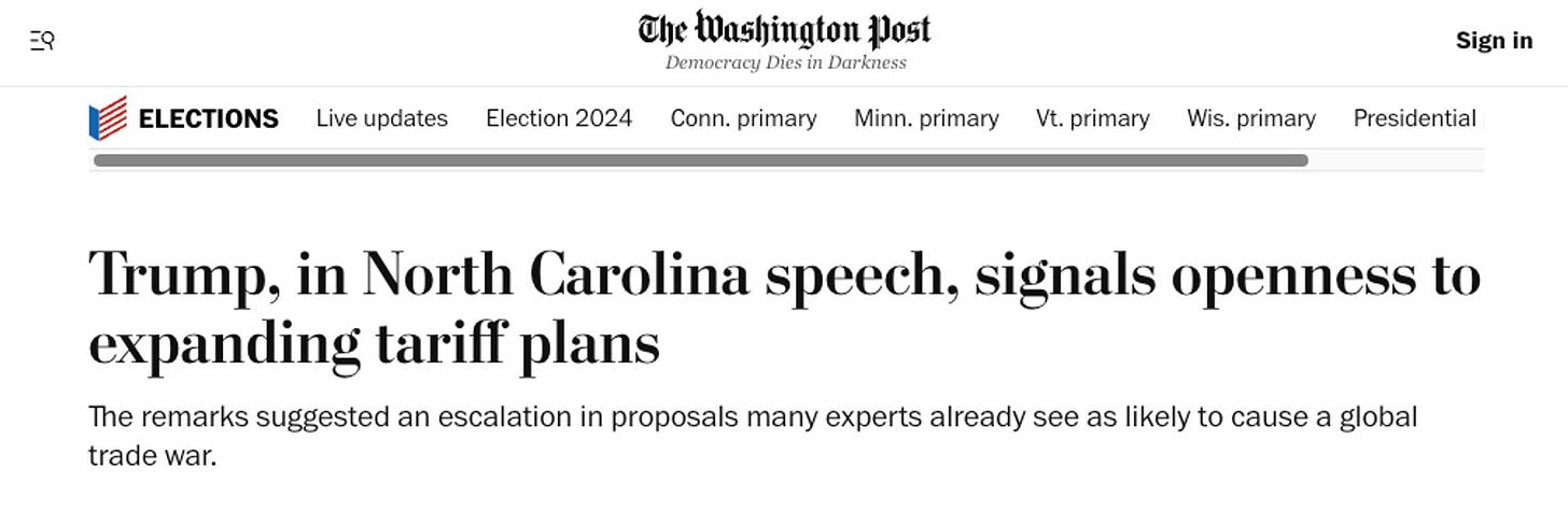 WaPo headline: Trump, in North Carolina speech, signals openness to expanding tariff plans WaPo headline: Trump, in North Carolina speech, signals openness to expanding tariff plans