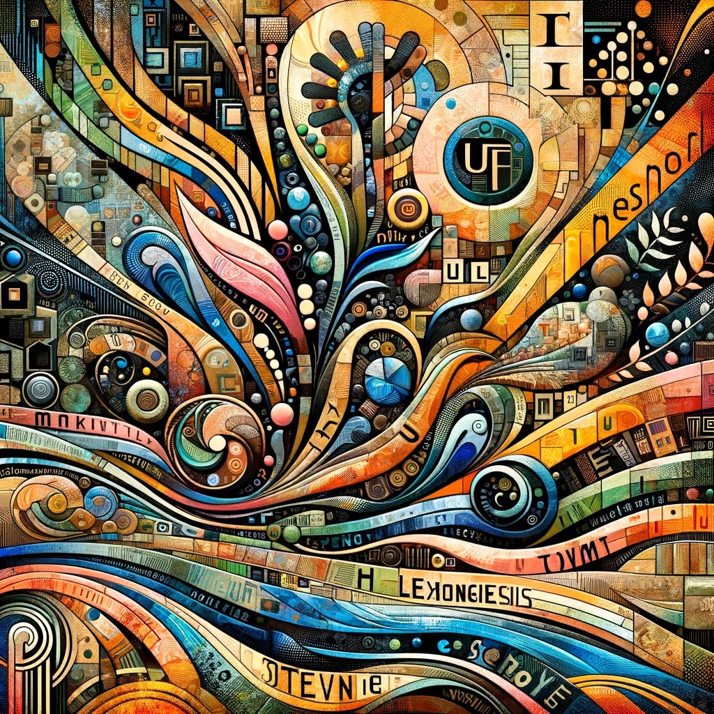 Create an abstract collage that visually represents the concept of 'lexicogenesis,' the process of word formation and development in languages. This artistic representation should incorporate elements that symbolize the birth, evolution, and transformation of words. Imagine visual metaphors such as seeds growing into trees, letters morphing into words, or streams of text flowing and converging into new forms. The collage should be rich in texture and layering, combining a variety of shapes, colors, and typographic styles to create a dynamic and intriguing composition that invites viewers to reflect on the organic nature of language development.